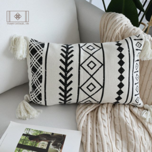 VỎ GỐI DỆT VINTAGE HOA VĂN ĐEN TRẮNG